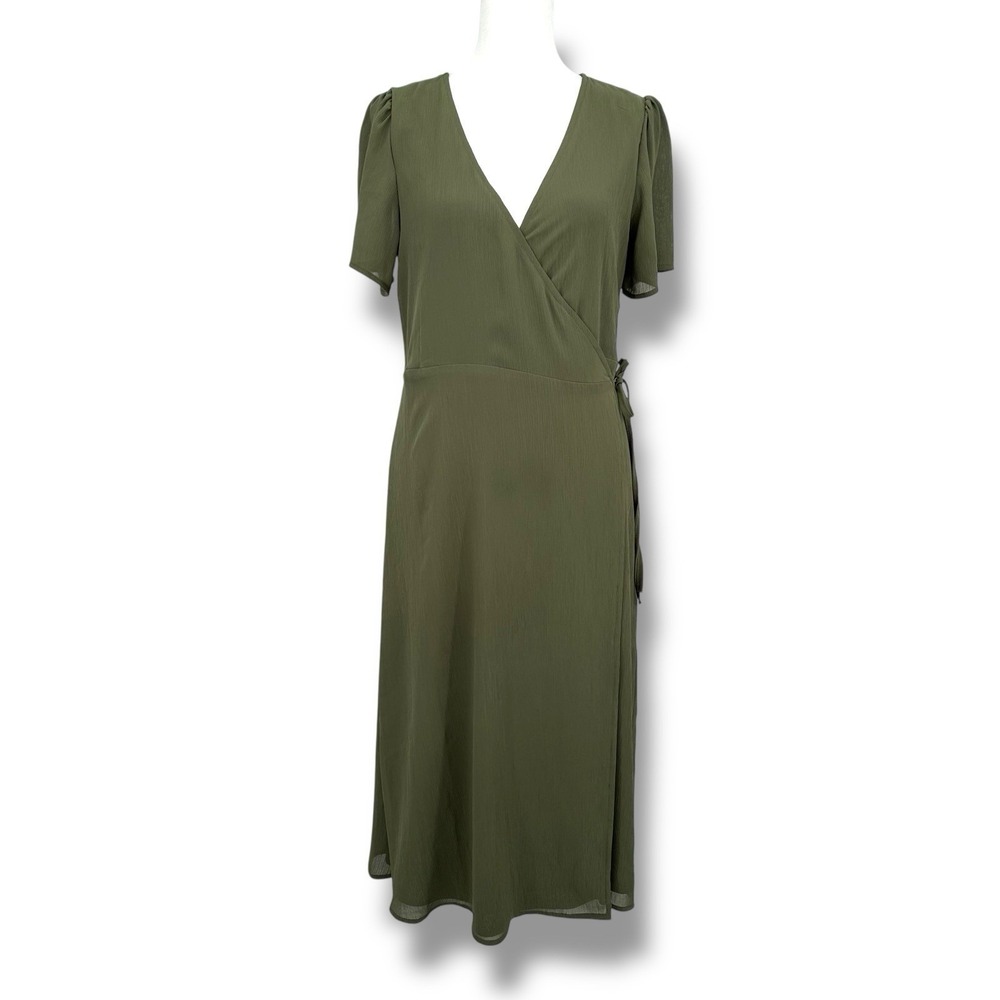 Oak + Fort Wrap Midi Dress S Olive Green Chiffon Flutter Sleeve‎ Minimalist NWT